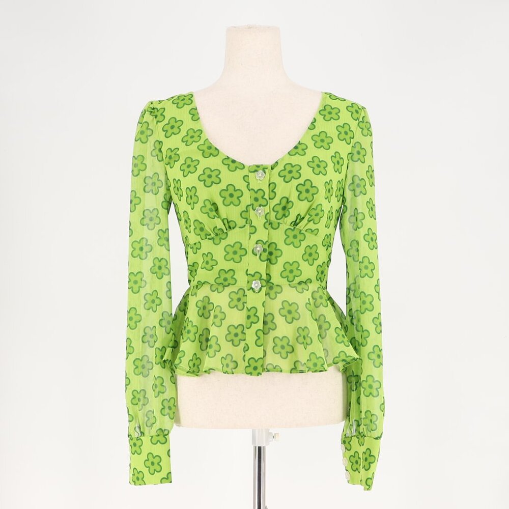 NWT THE EAST ORDER Retro Daisy Floral Peplum Blouse Lime Green Size S